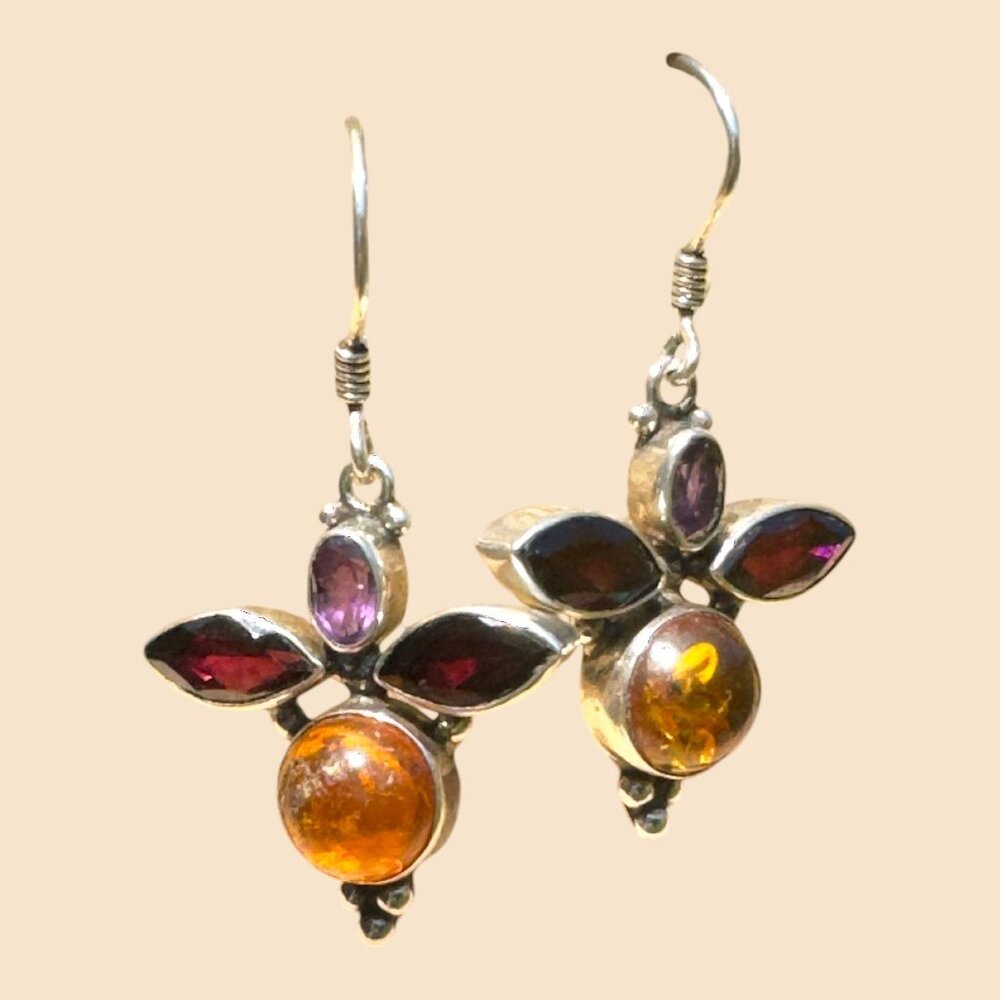 Vintage 925 Silver Earrings With Amber & Garnet Gemstones - Picture 2 of 5